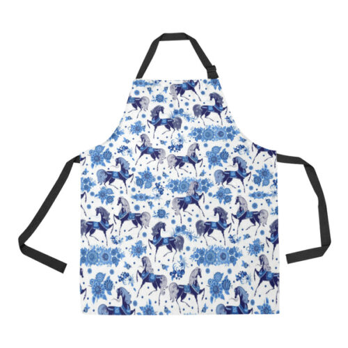 Horse Flower Blue Theme Pattern Adjustable Apron - Yliana