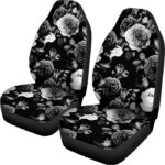 Black White Rose Floral Pattern Print Universal Fit Car Seat Covers