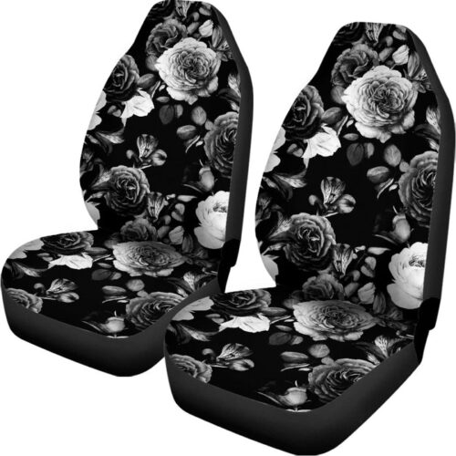 Black White Rose Floral Pattern Print Universal Fit Car Seat Covers