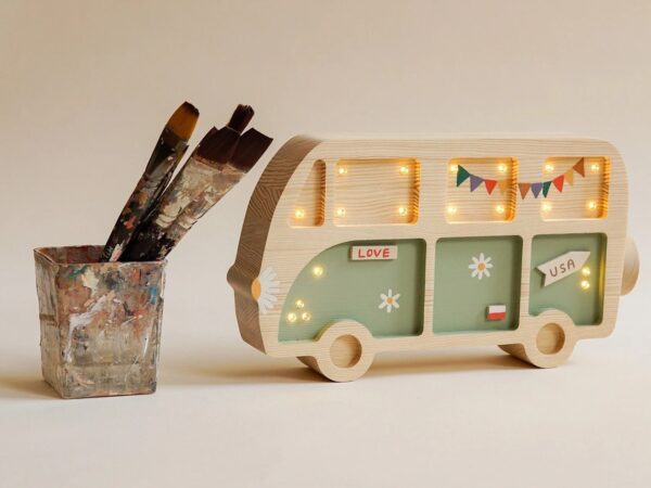 Wooden Hippie Van Night Light for Kids - Wall-Mounted with Remote Control - Yliana