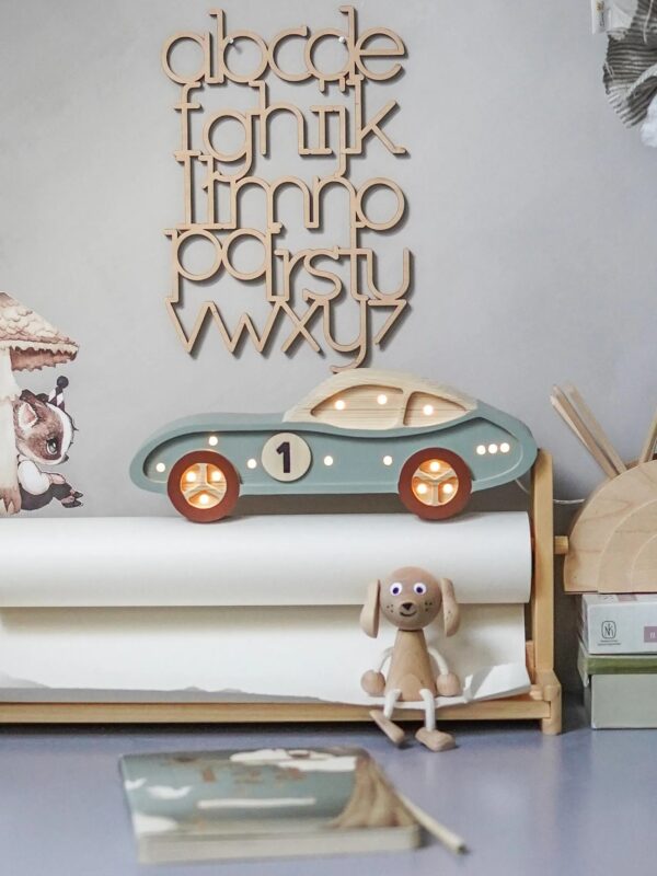 Wooden Racecar Night Light for Kids - Wall-Mounted with Remote Control - Yliana
