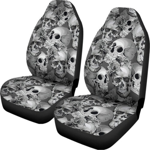 Monochrome Skull Flowers Pattern Print Universal Fit Car Seat Covers